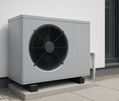 a heat pump unit installed outside a modern building